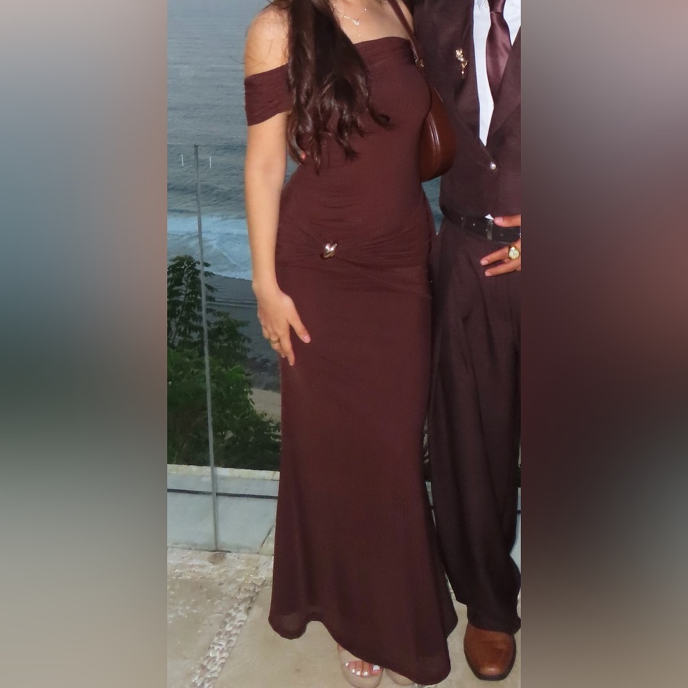 Chocolate Brown Off-the-Shoulder Mesh Maxi Dress Size 4 Perfect for Wedding